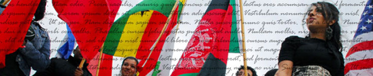 students with flags, overlaid with text